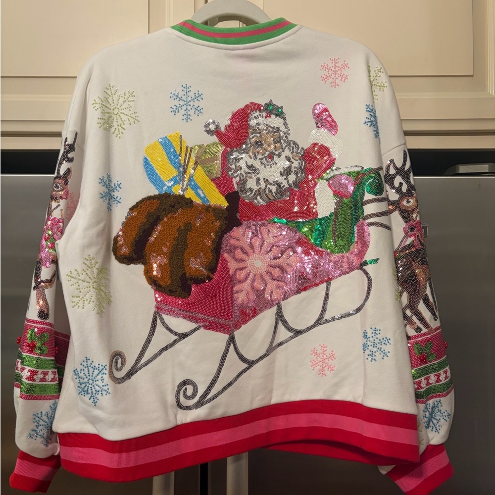 QUEEN OF SPARKLES Festive Santa Sweater - White, Red, Green